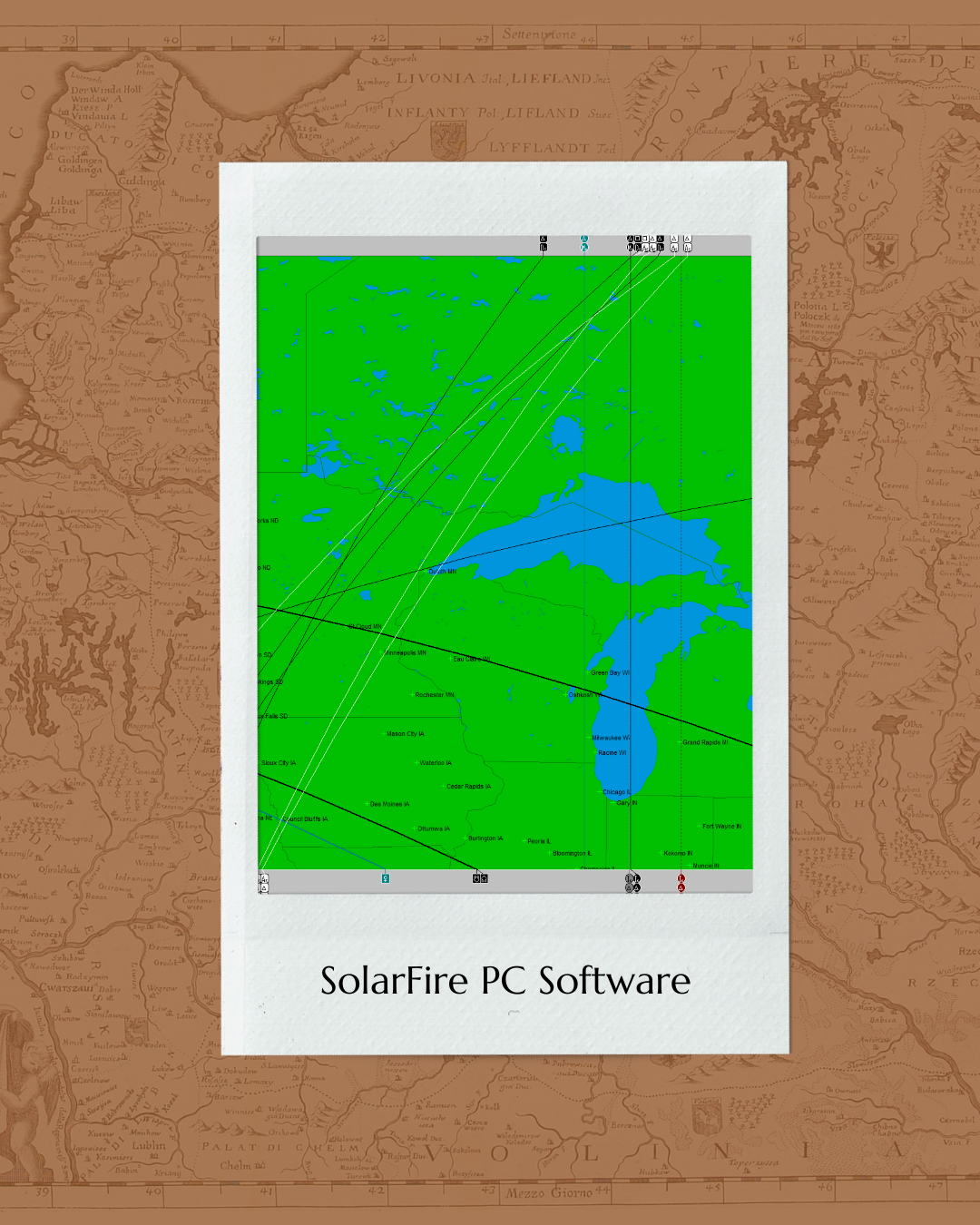 Cover art for SolarFire PC Software featuring a map of the Great Lakes region of the United States and Canada with grid lines and station labels, with a white border and the title "SolarFire PC Software" at the bottom.
