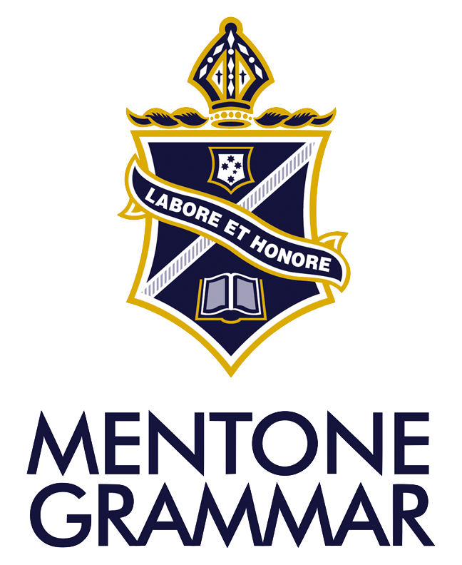 School crest with a crown, shield, book, and banner with Latin phrase "Labore et Honore" atop the words "Menton Grammar".
