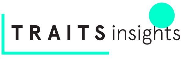 Logo for Traits Insights featuring the business name with a teal line and teal circle.