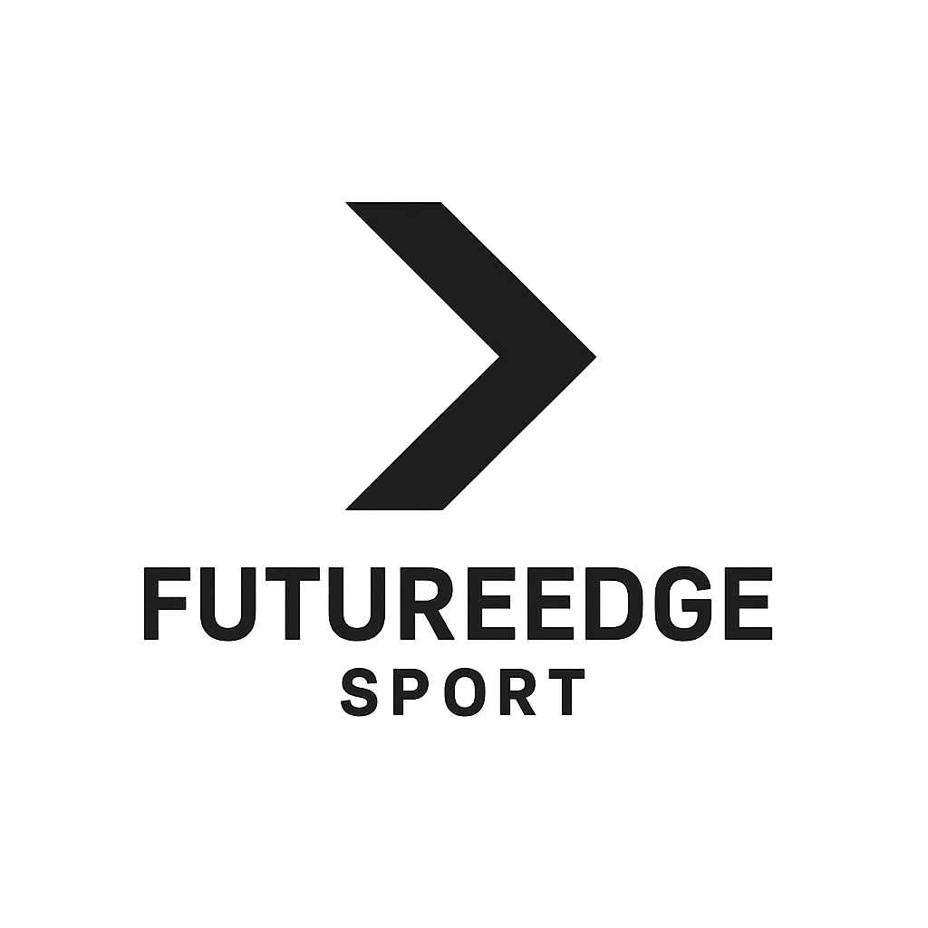 Logo of FutureEdge Sport with a stylized arrow pointing right above the text."FUTUREEDGE SPORT" in black on a gray background.