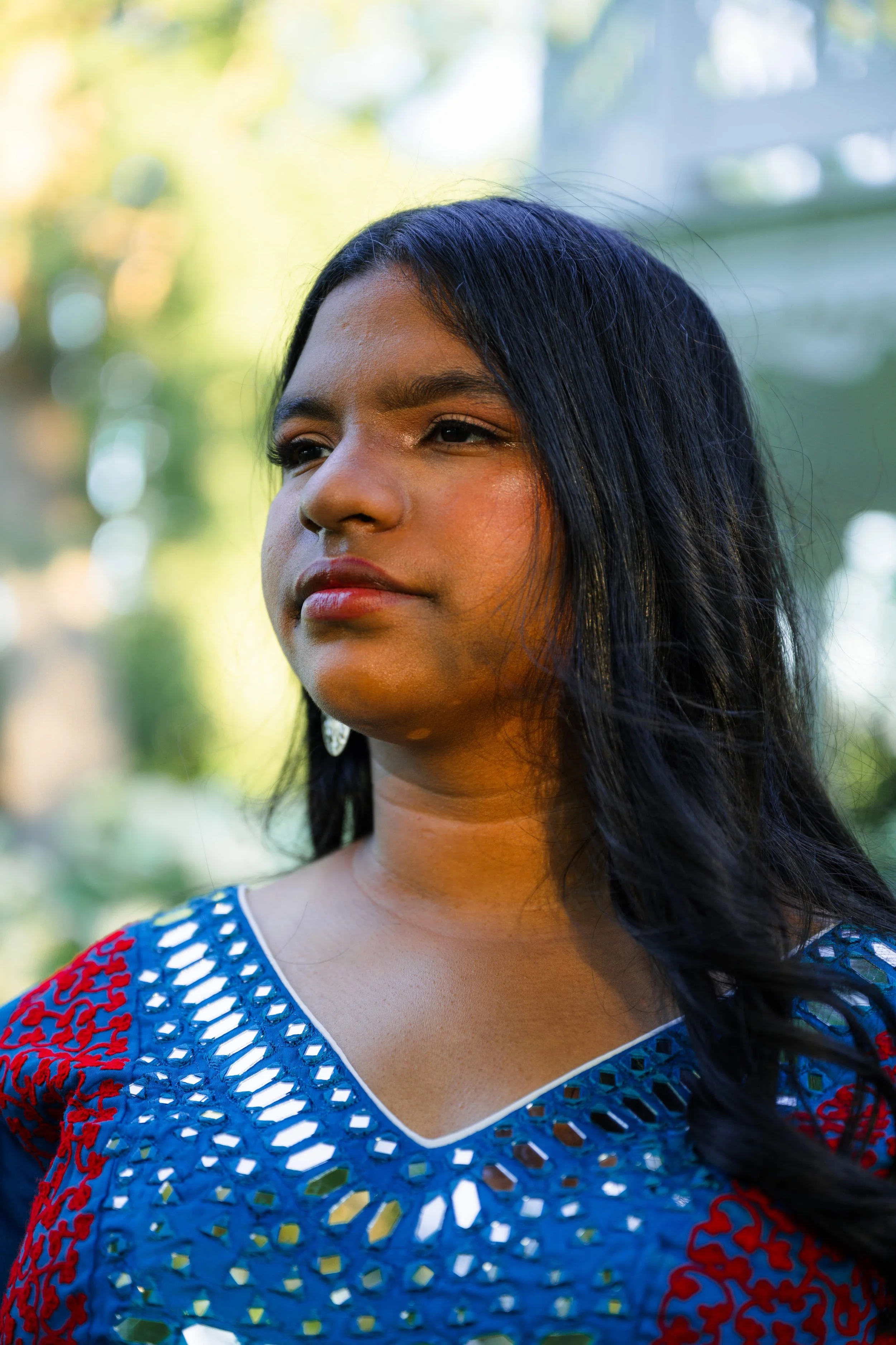 A young Indian woman stands proudly with golden light on her face. She wears a sari with sparkling mirrors at the neckline.
