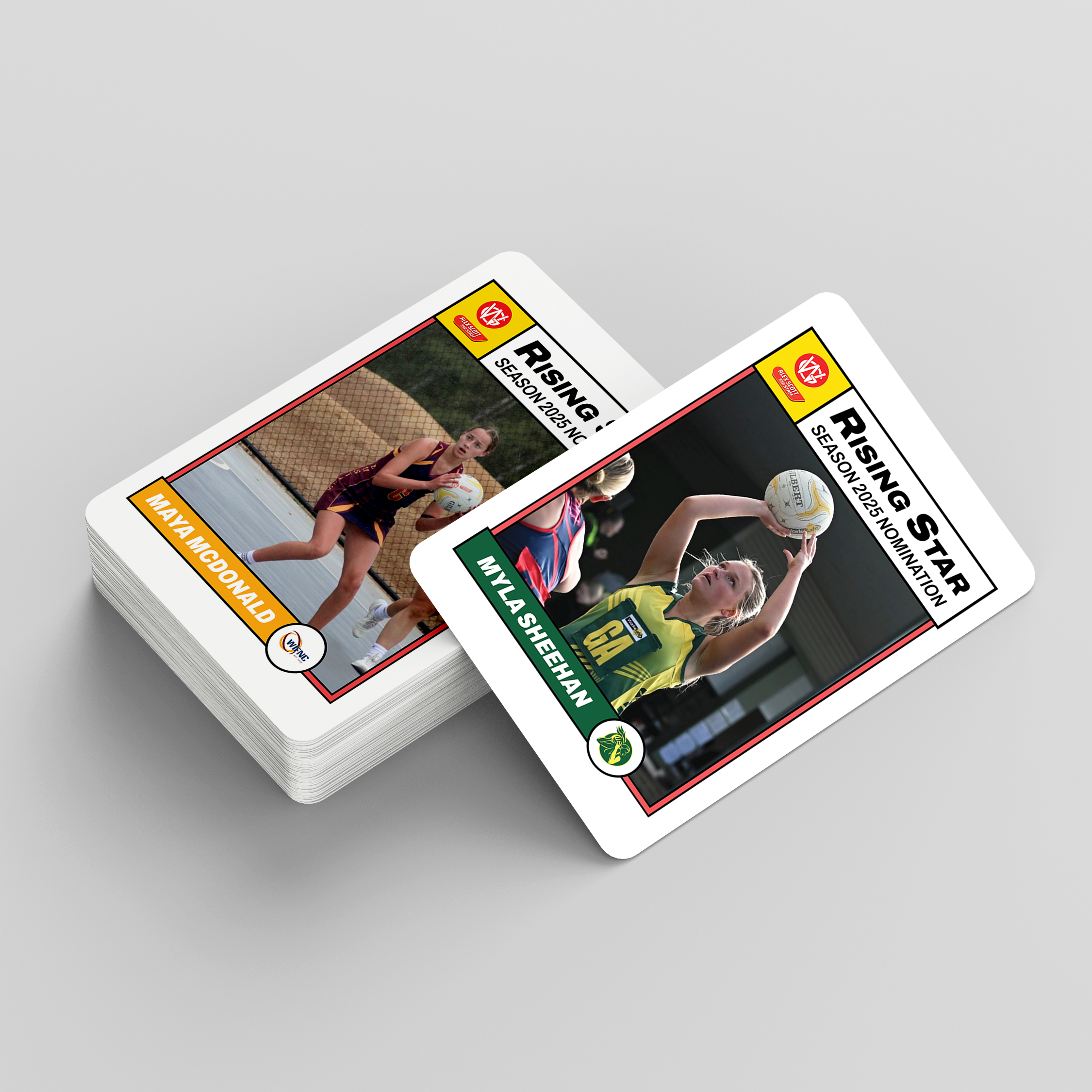 Stack of trading cards featuring female volleyball players, Maya McDonald and Myla Sheehan, holding volleyballs during games, with each card displaying the player's name, team logo, and a header about the Rising Star nomination for the 2025 season.