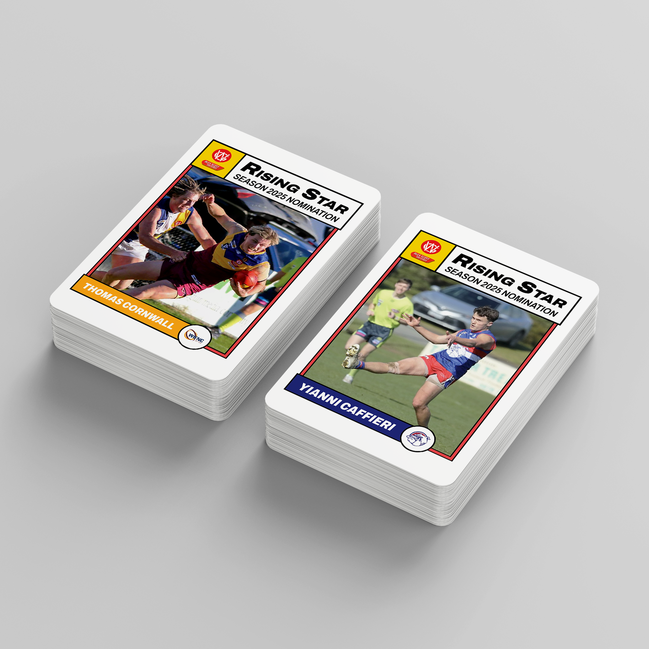 Stacks of trading cards with photos of athletes, labeled as Rising Star for season 2025 nomination, featuring Thomas Cornwall and Yianni Caffieri.