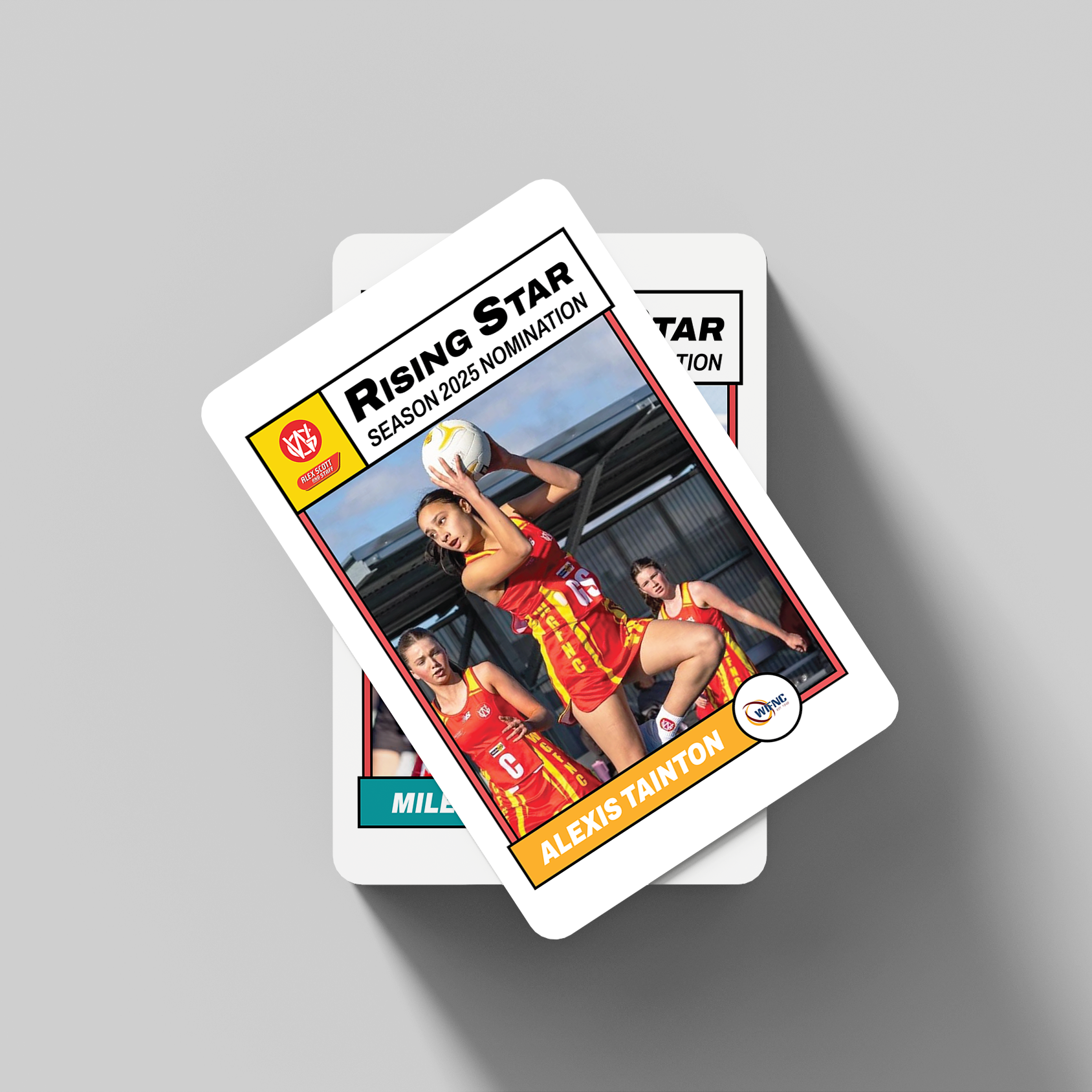 Matchday trading cards featuring women's volleyball players in red and yellow uniforms, with one player jumping and holding a volleyball, labeled 'Rising Star' for the 2025 season, including the names Alexis Tainton and Mile M.