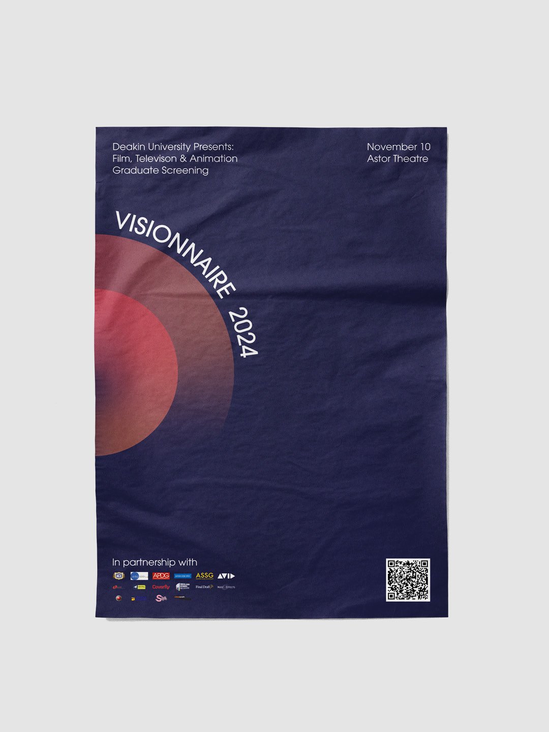 Poster for Deakin University's Visionnaire 2024 graduate screening event, featuring the event date November 10 at Astor Theatre, with logos of partnering organizations at the bottom right and a QR code.