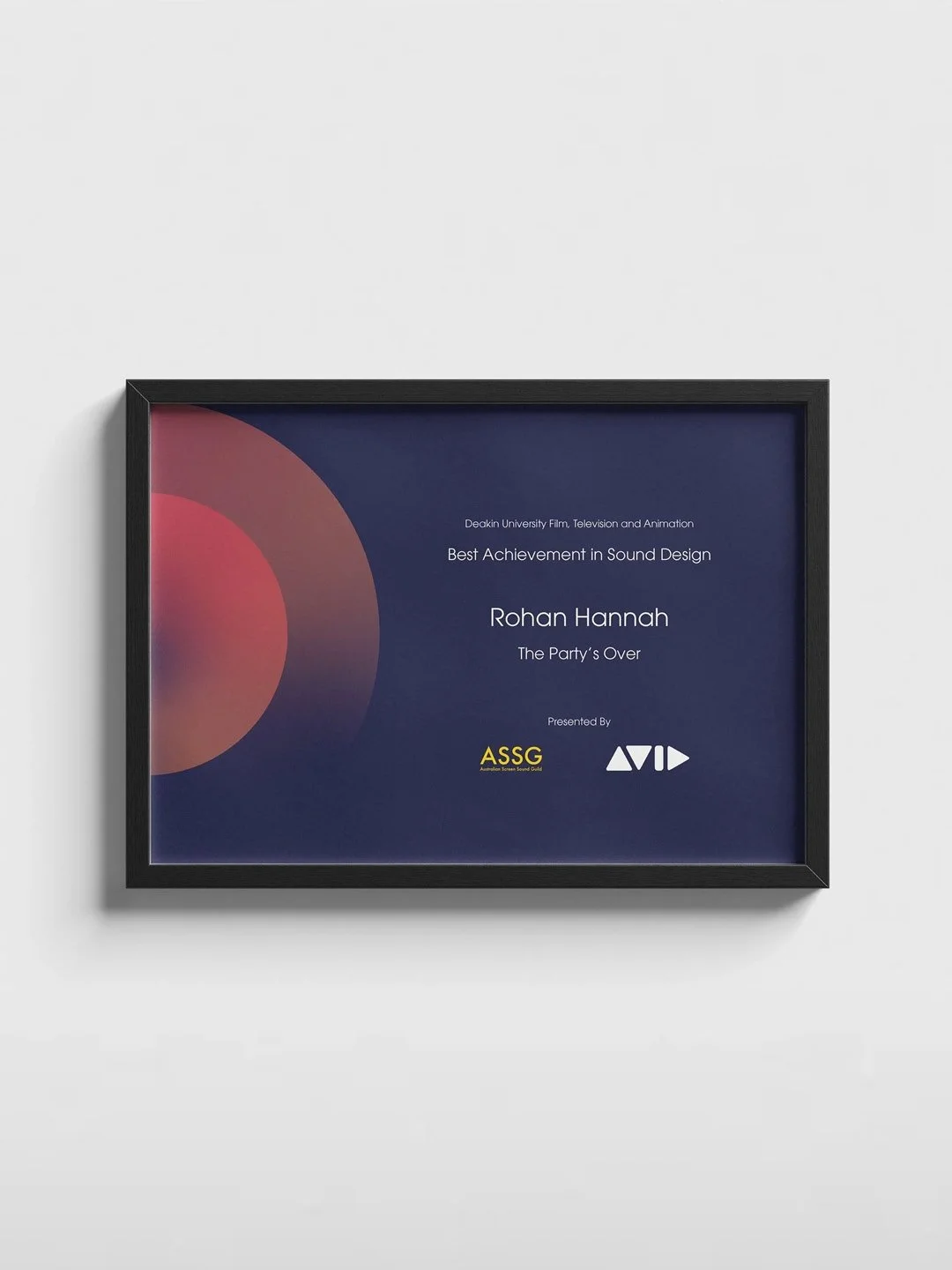 Certificate of achievement for Rohan Hannah for sound design at Deakin University, presented by ASSG and AVID, with a blue and red abstract background