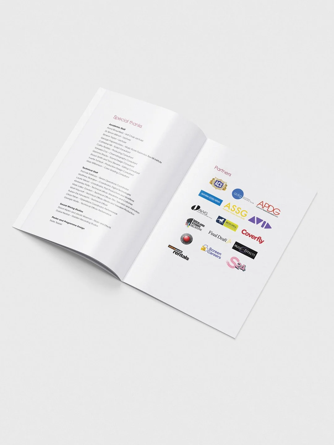 Open booklet displaying lists of special thanks and partner logos on white background.
