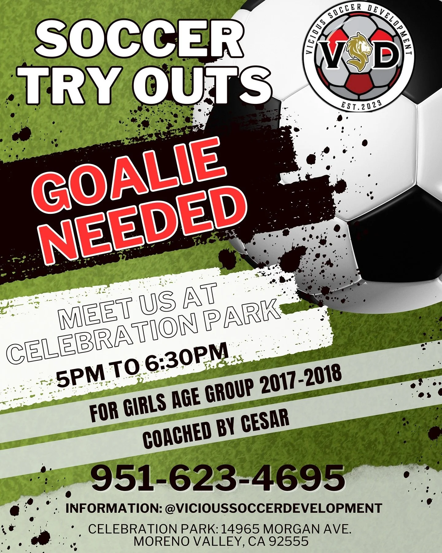 Join Our VSD Soccer Family! 
Calling all 2017 & 2018 girls ready to kick it with Vicious Soccer Development! ⚽ Our all-girls team, coached by the amazing Coach Cesar, is holding tryouts!
📅 When: Tuesdays & Thursdays, 5:00 PM - 6:30 PM
📍 W