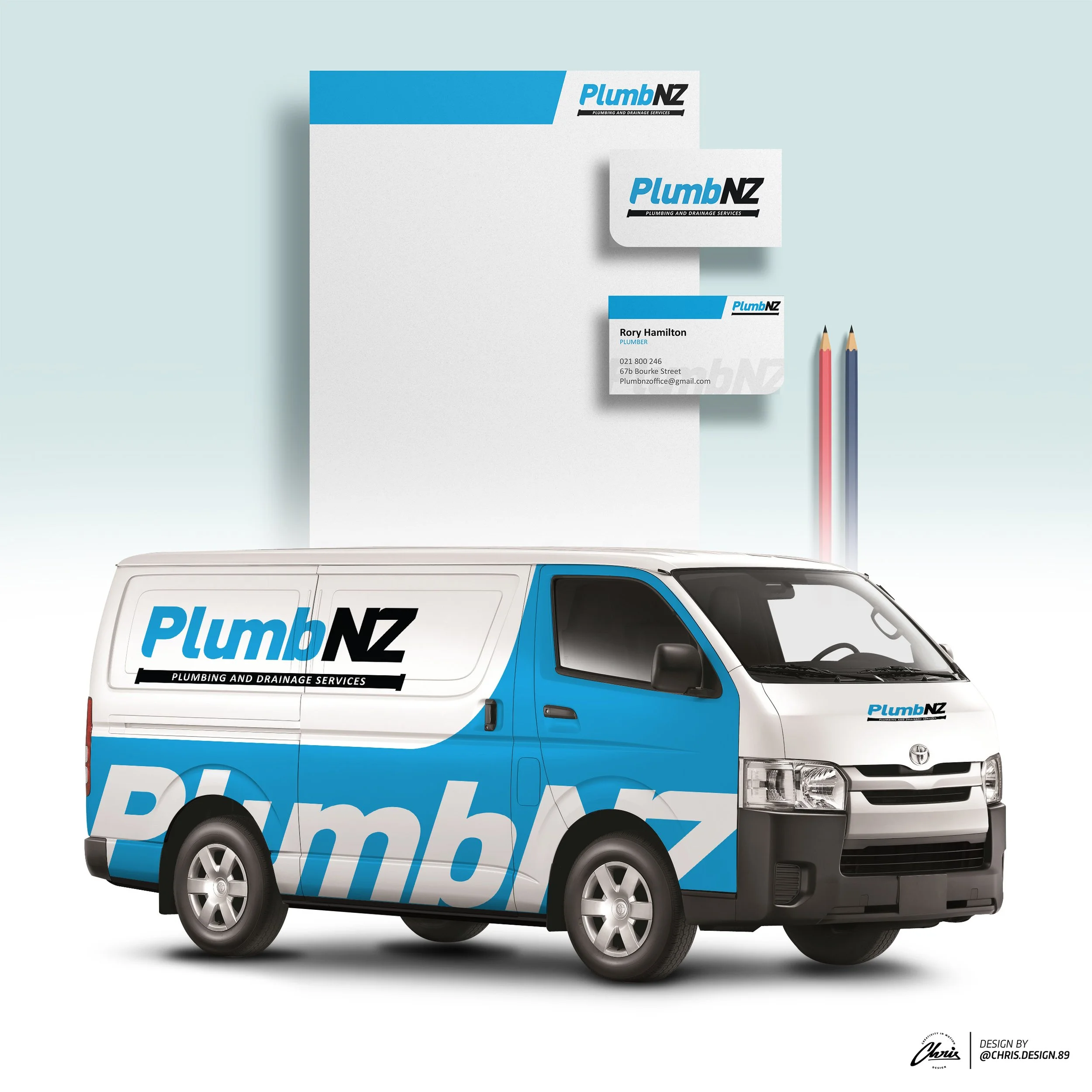 A white and blue plumbing service van with 'PlumbNZ' branding is parked in front of a light blue background, with branded stationery items and colored pencils arranged vertically behind it.