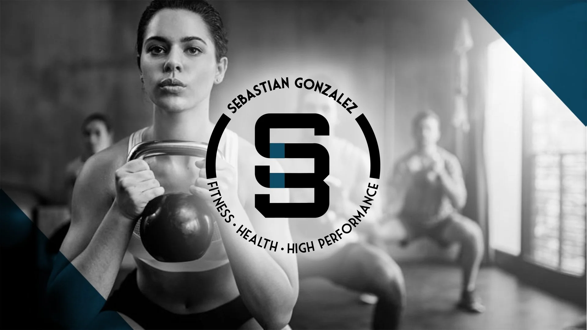 Black and white photo of a woman lifting a kettlebell in a gym, with a logo overlay in the center reading 'Sebastian Gonzalez' and 'Fitness, Health, High Performance' with a large stylized 'S'.