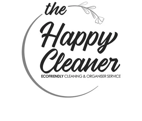 Logo for 'The Happy Cleaner,' an eco-friendly cleaning and organizer service with floral design elements.