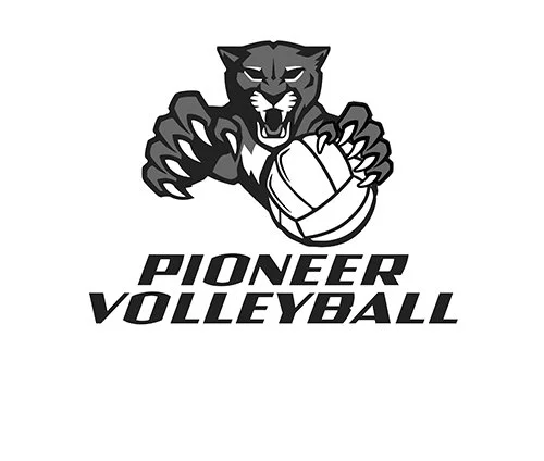 A black panther mascot holding a volleyball with the text 'Pioneer Volleyball' below.