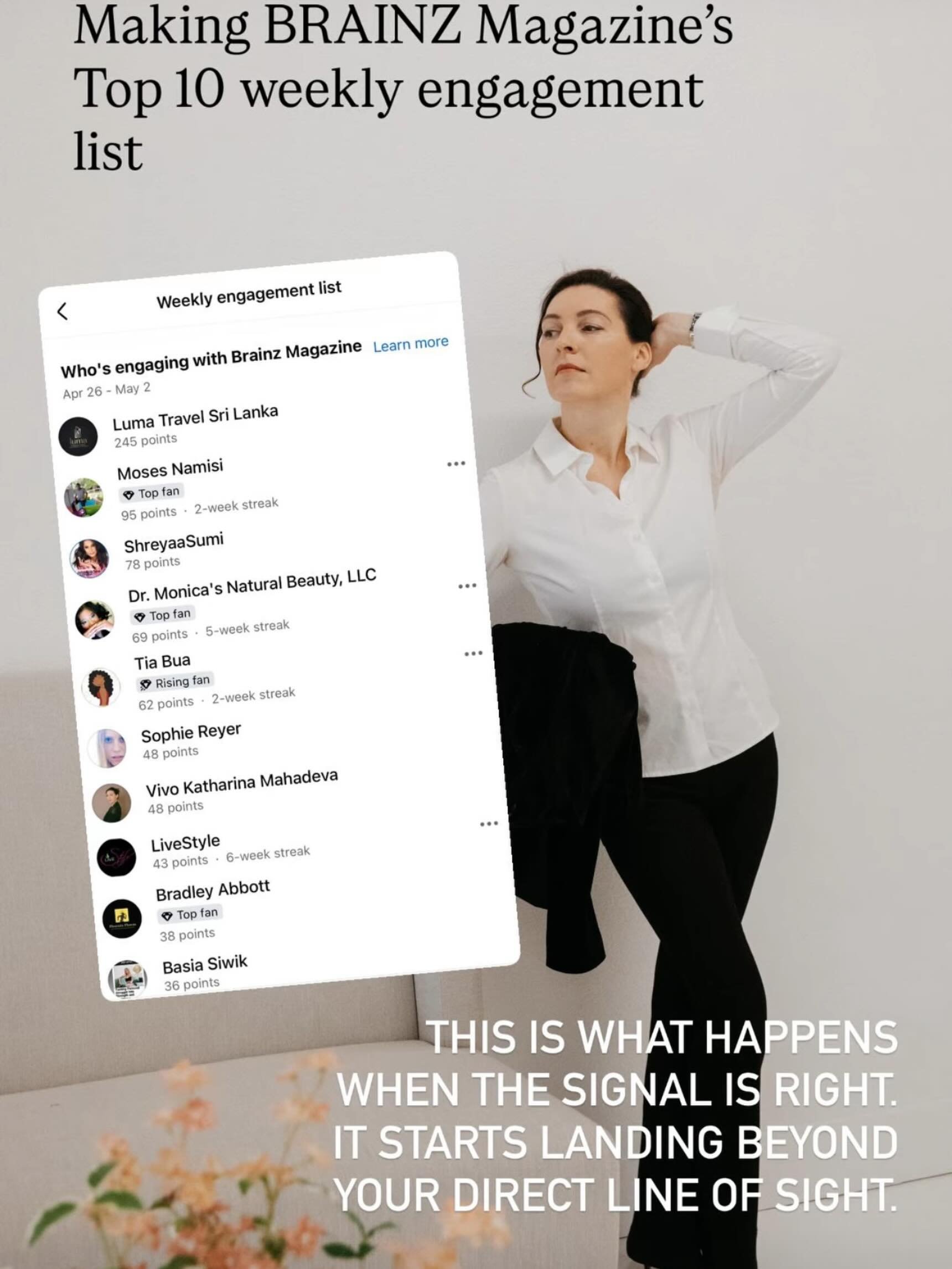 This is what happens
when your energy is actually available again.

Making BRAINZ Magazine&rsquo;s Top 10 engagement list wasn&rsquo;t about posting more.

Or trying harder.

It&rsquo;s what happens when your energy is there
when you need it.

Becaus