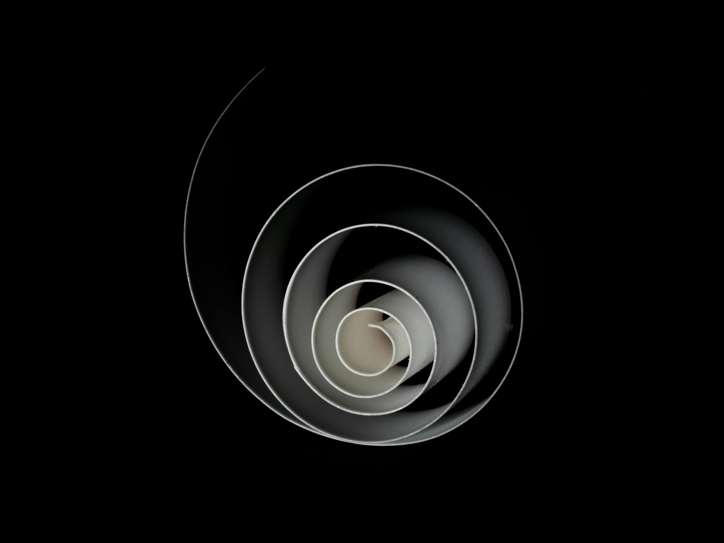 Close-up of a sculptural spiral made from concentric rolls of white and grey paper set against a black background. The curves and shadows create a hypnotic, dimensional effect symbolizing depth, evolution, and expansion.