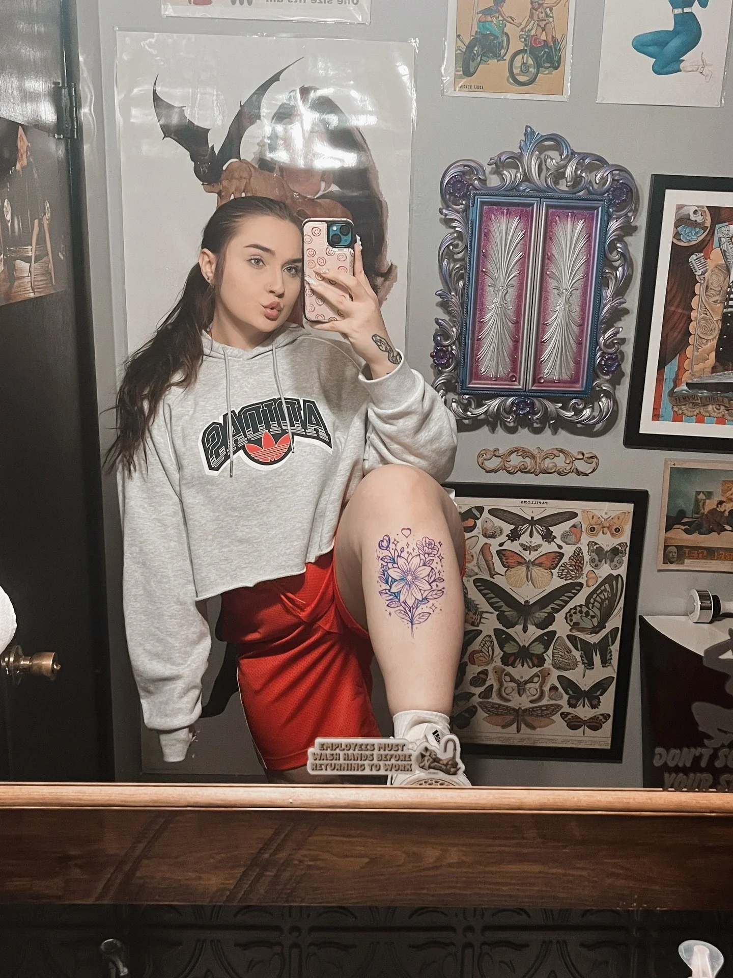 Tattoo diaries 🦍✍️ I think I have about 21 now&hellip; my tattoo artist(s) have the best bathroom 👀 What should my next one be? 
#girlswithtattoos #altgirls #mirrorselfie #tattoo