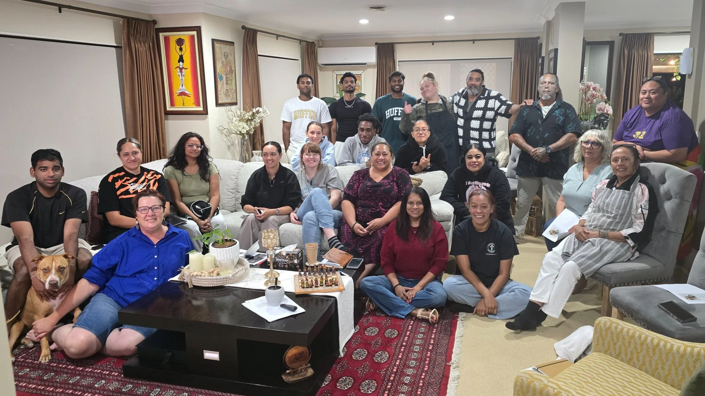 Community leadership participants (group two) at the start of the year - bursting out of Len and Pris' house. We combined two groups together that had started with us under Te Whakaora and who wanted to keep going after it closed