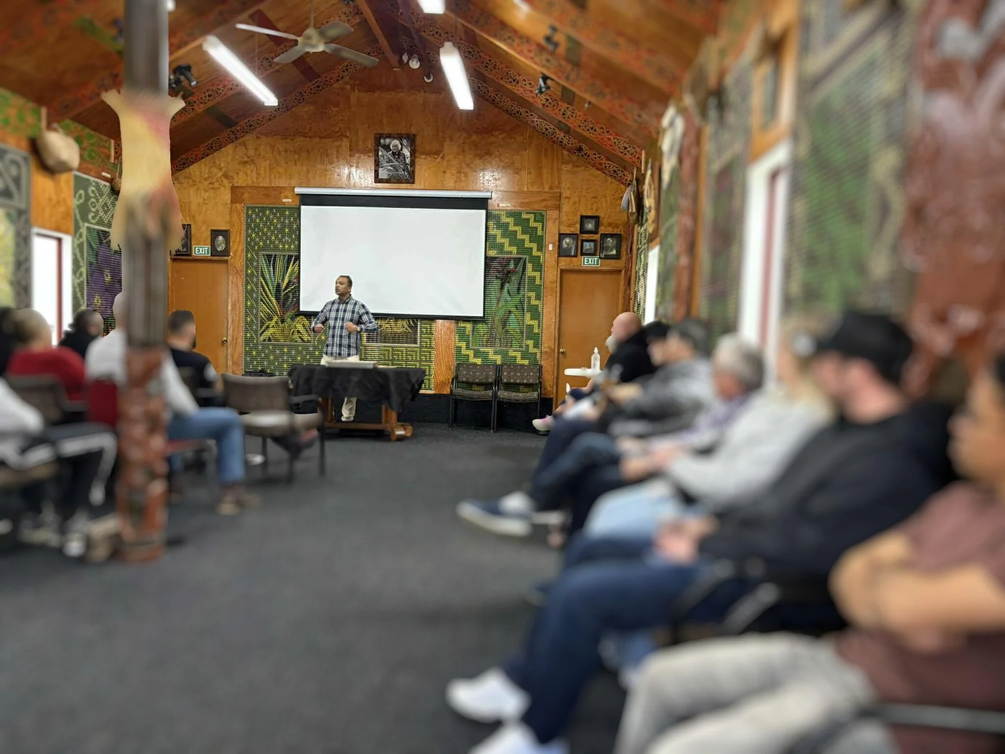 Len speaking at Rob and Tane's whanau group recently held at Papakura Marae - too many people are coming to keep meeting in people's homes!