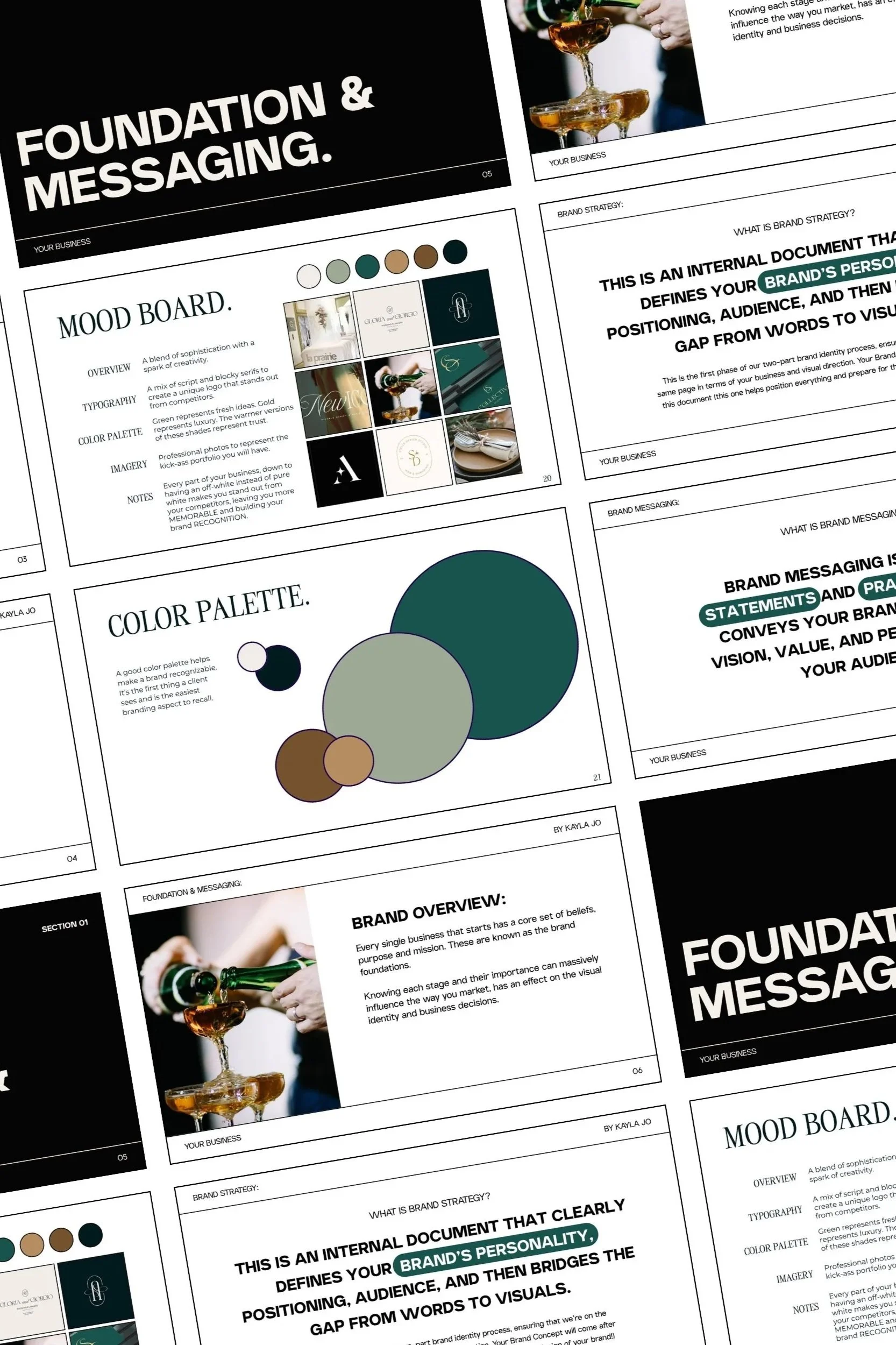 Multiple presentation slides about branding, including sections on foundation messaging, mood board with color swatches and visuals, color palette with circles of different colors, and individual slides explaining brand overview, strategy, and messaging.