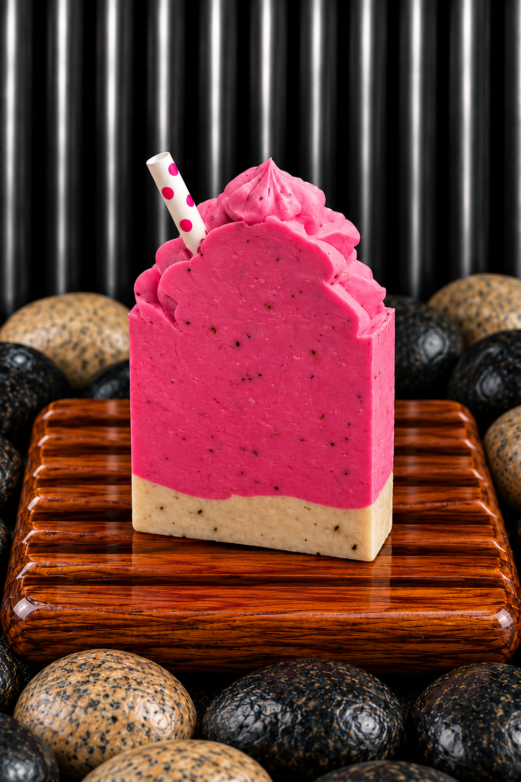 Single pink dragonfruit soap on a wooden dish.png