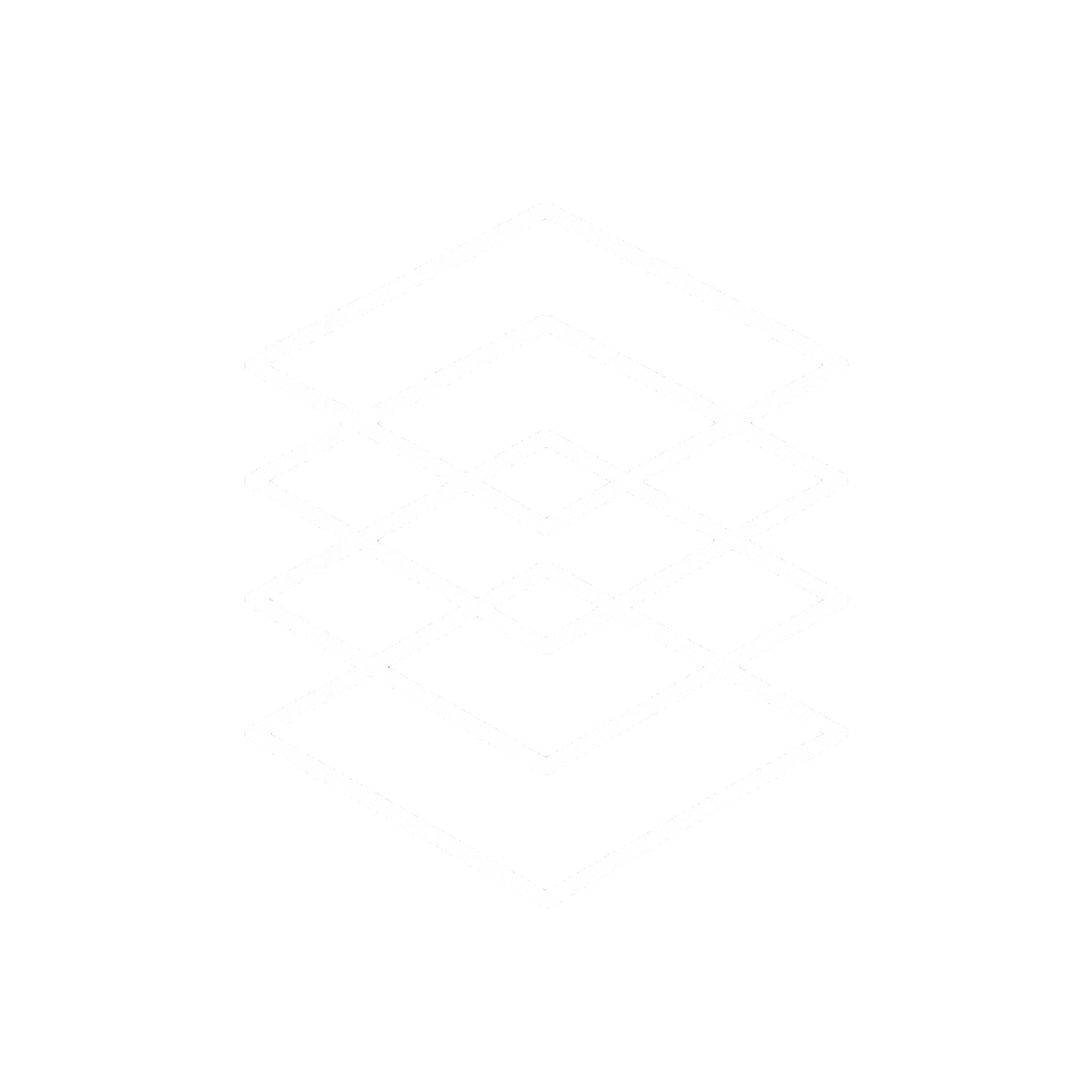 Black background with a white geometric design consisting of overlapping squares and diamonds in an abstract pattern.