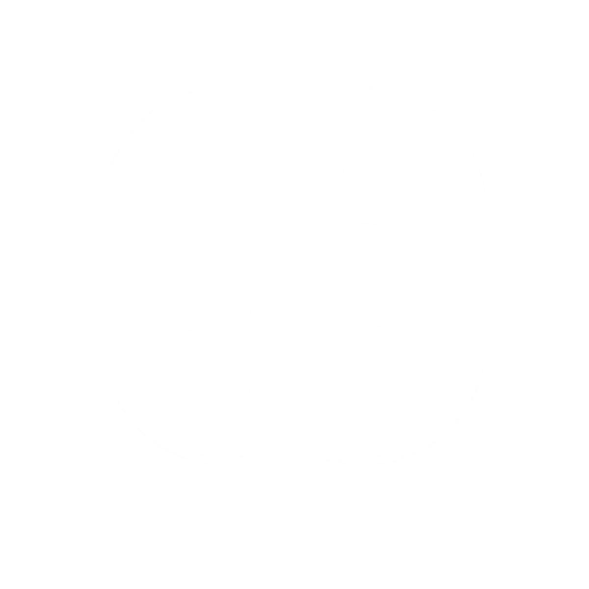 Five overlapping white circles forming a geometric pattern on a black background.