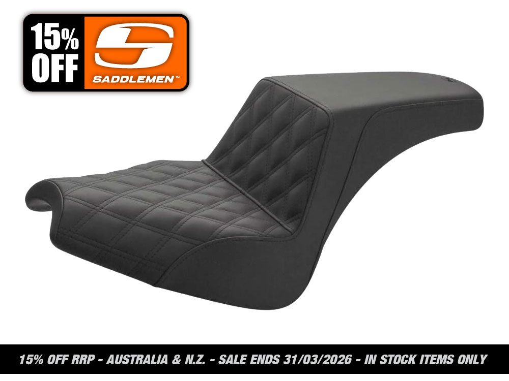 Step-Up LS Dual Seat with Black Double Diamond Lattice Stitch. Fits Indian Cruiser 2022up