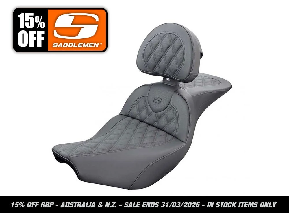 RoadSofa LS Dual Seat With Backrest & Black Double Diamond Lattice Stitch. Fits Indian Touring 2014 up