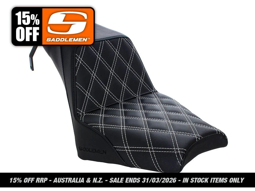 Step-Up LS Dual with Seat White Double Diamond Lattice Stitch. Fits Scout Bobber 2018-2024