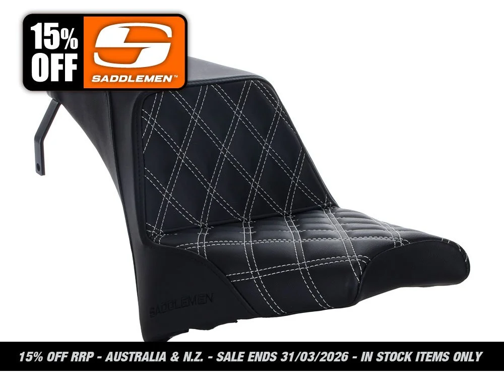 Step-Up LS Dual Seat with Silver Double Diamond Lattice Stitch. Fits Scout Bobber 2018-2024