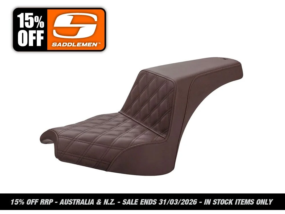 Brown Step-Up LS Dual Seat with Black Double Diamond Lattice Stitch. Fits Indian Cruiser 2022up