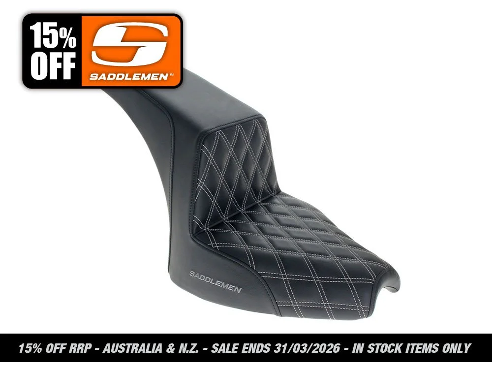 Step-Up LS Dual Seat with Dark Grey Double Diamond Lattice Stitch. Fits Indian Cruiser 2022up