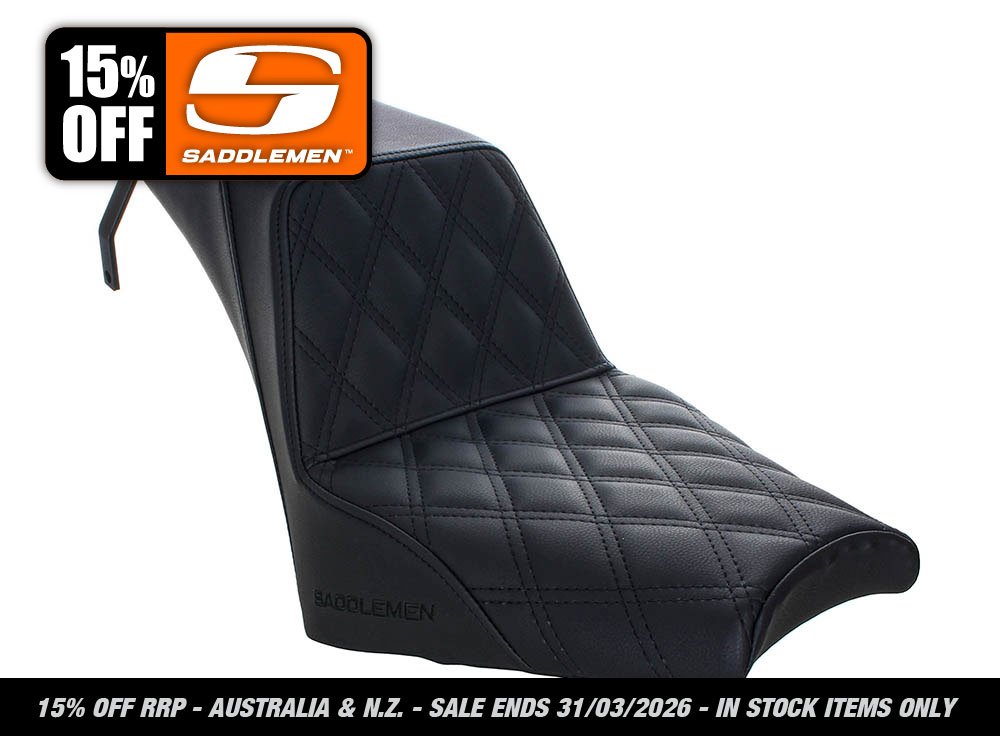 Step-Up LS Dual Seat with Black Double Diamond Lattice Stitch. Fits Scout Bobber 2018-2024