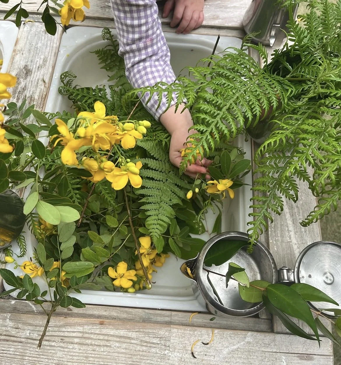 Child arranging yellow flowers and green foliage inside a sink, on a wooden surface.