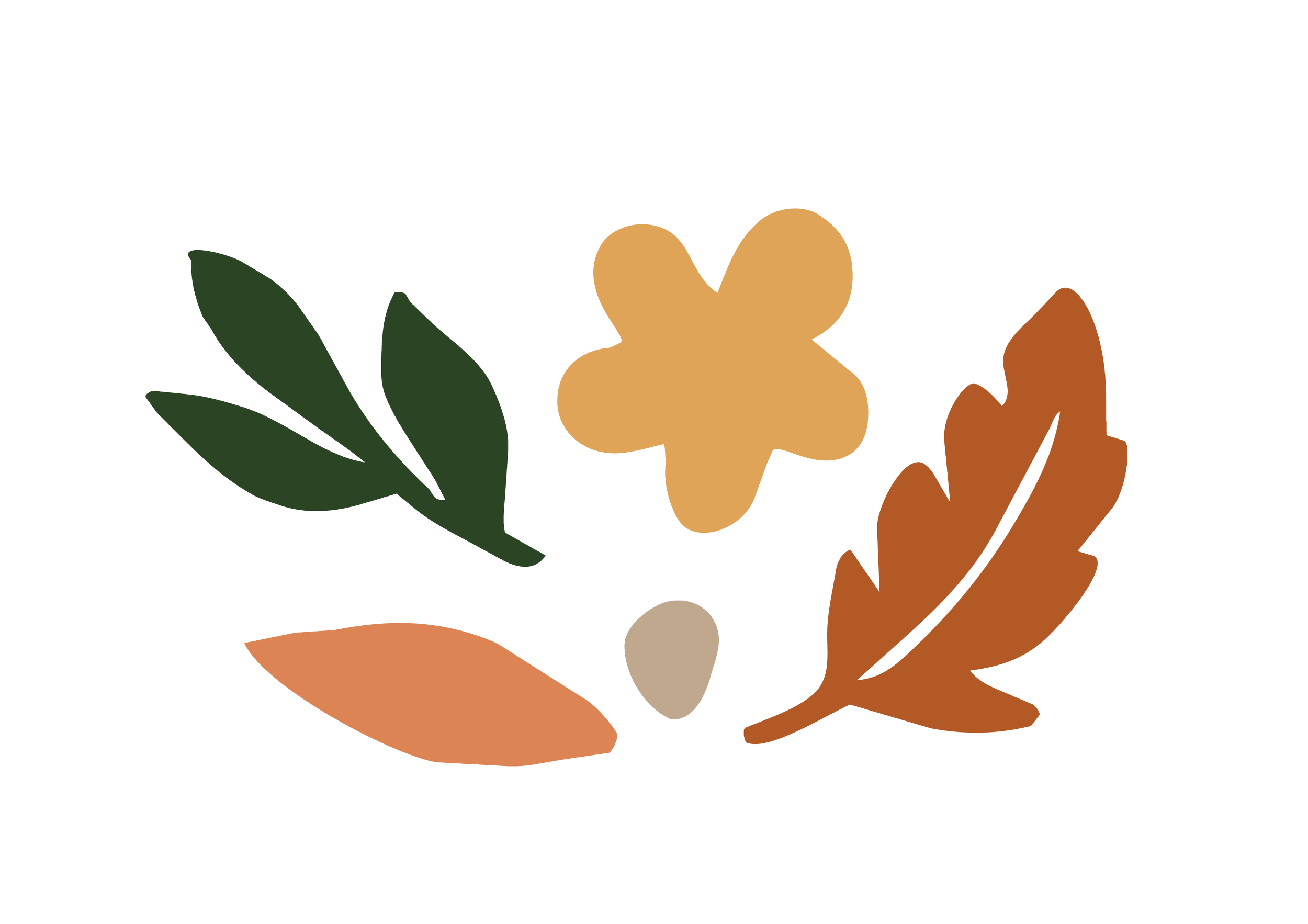 Abstract floral illustration with brown, beige, green, and yellow leaves and a beige flower.