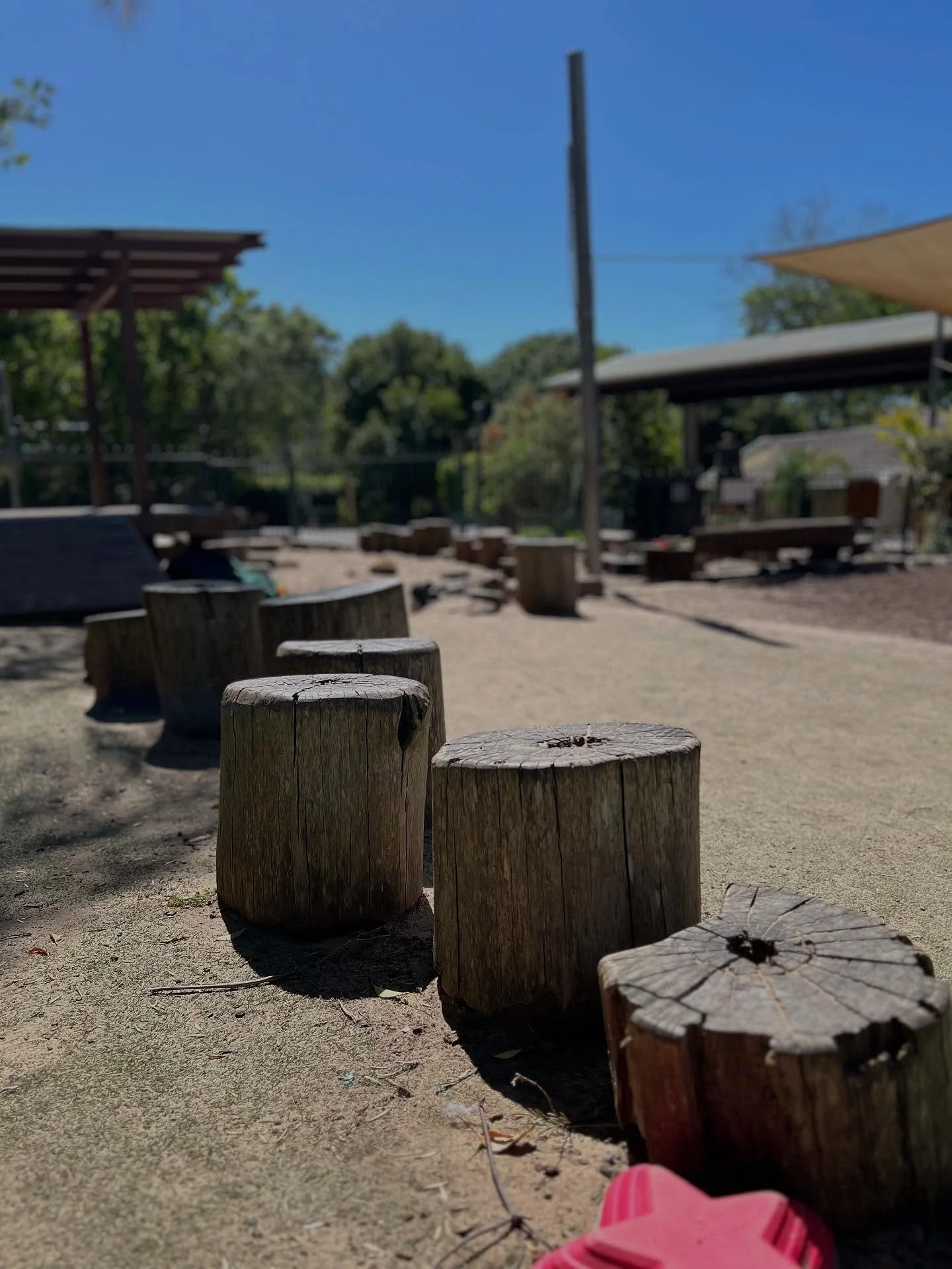 A row of wooden stumps in an outdoor setting with trees, a pergola, and a blue sky in the background.