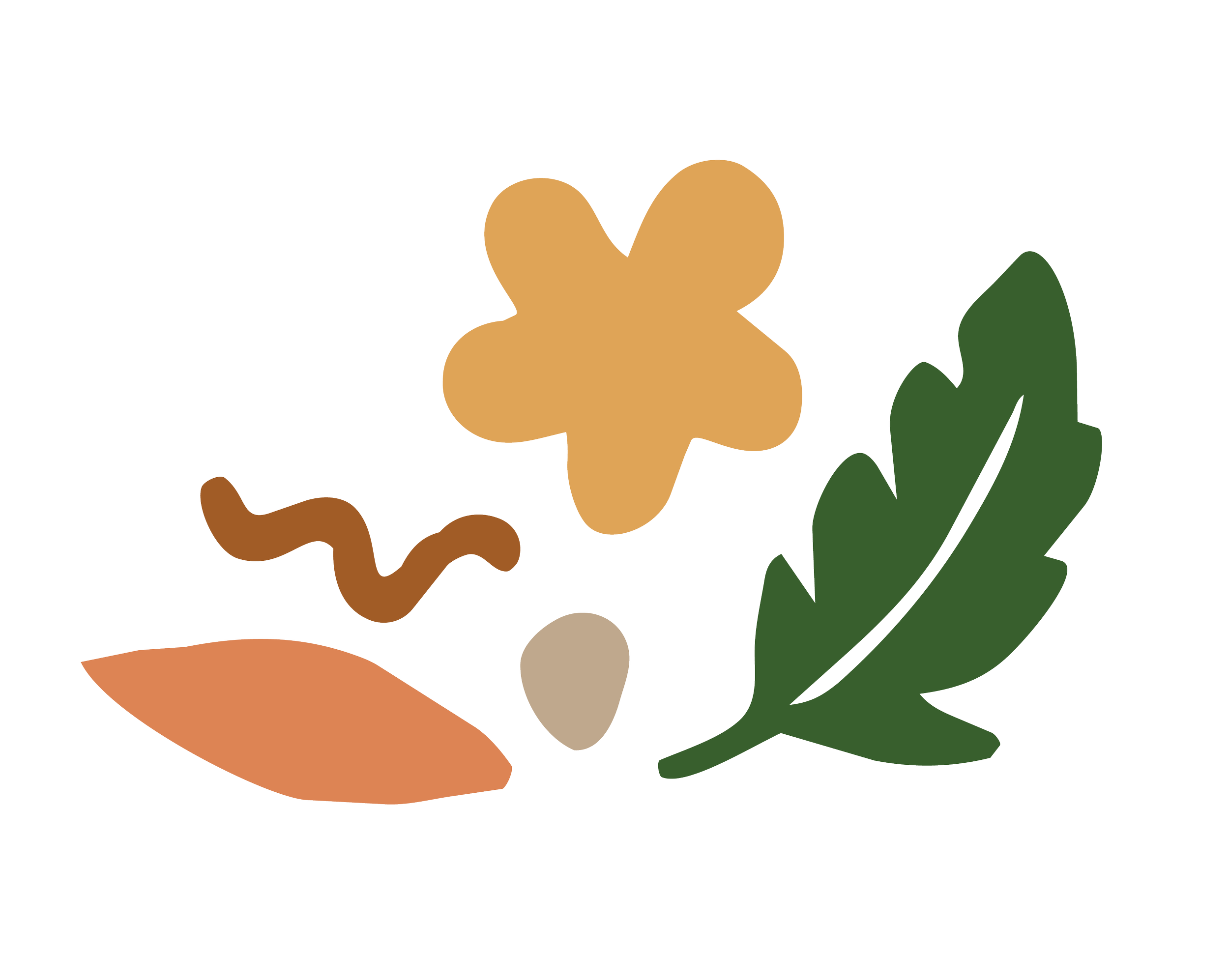 An abstract illustration of a person sitting on a brown slide, with one arm supporting their head, surrounded by large colorful leaves and organic shapes.