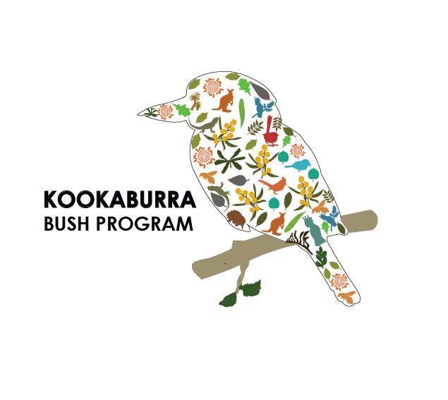 Illustration of a bird made up of various bush and wildlife icons, perched on a branch, with text 'Kookaburra Bush Program'