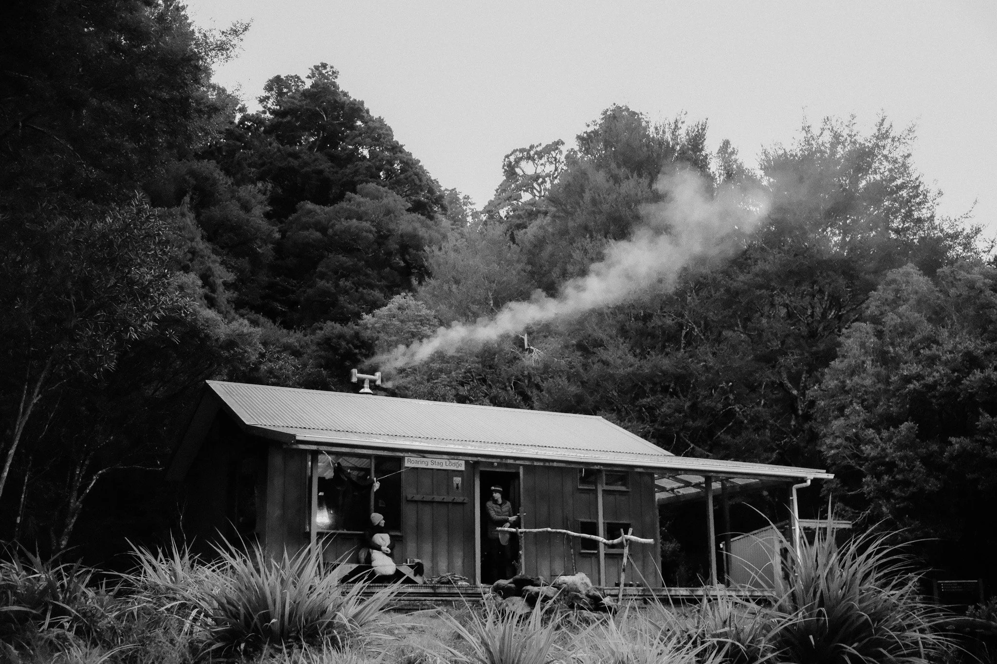 A small wooden cabin with a tin roof in a forested area, with smoke coming from a chimney and two people sitting outside on the porch.