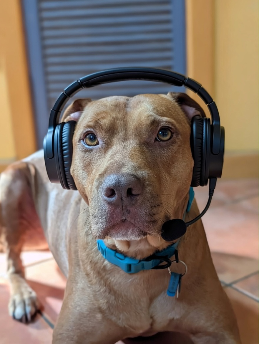 A tan-colored dog wearing a black headset with a microphone, sitting on a tiled floor indoors.