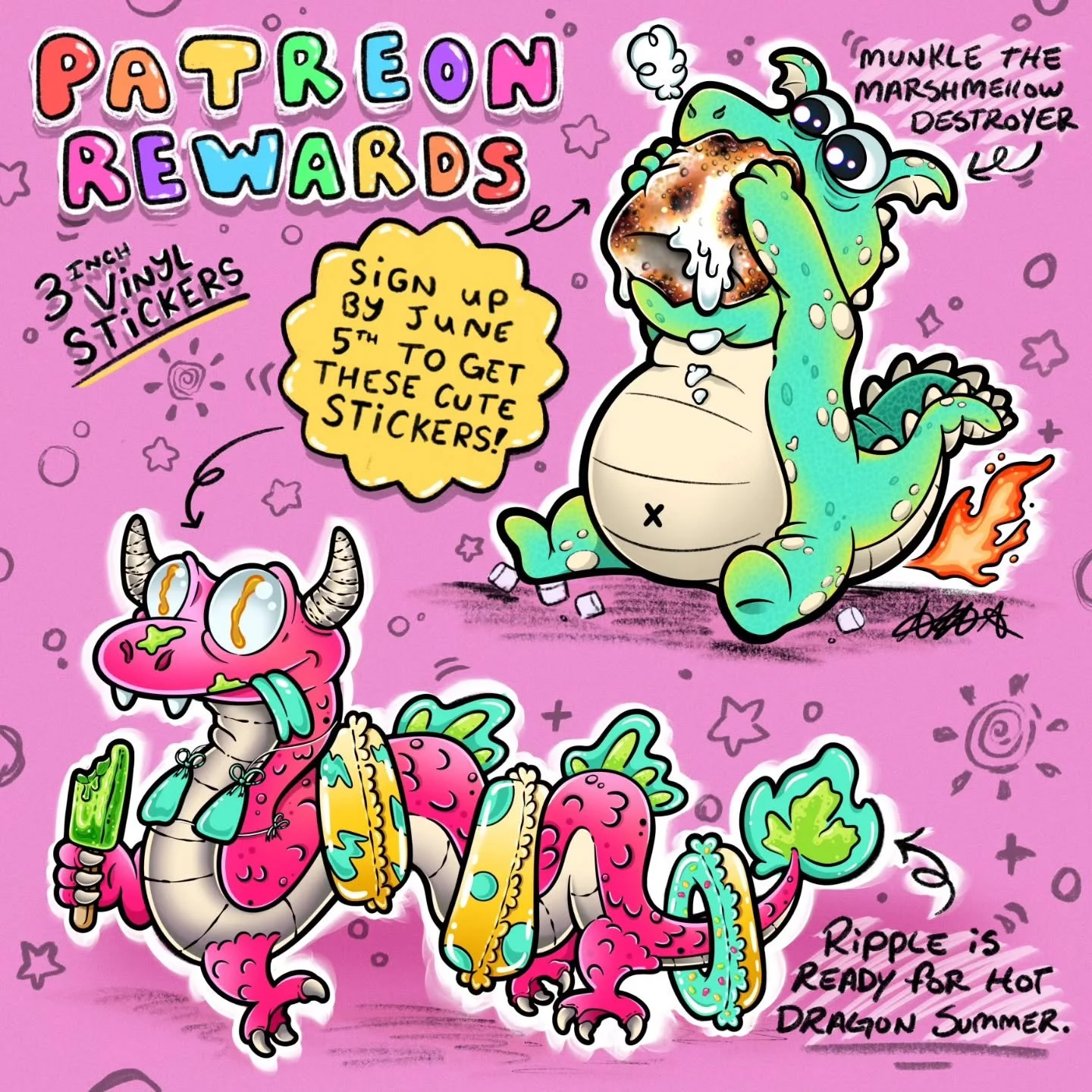 Hey Friends!!! Only 2 days left to get these cute dragons from my June Kofi rewards. 

Meet Ripple and Munkle! Ripple is a firey young dragon ready for hot dragon summer. Meanwhile, Munkle enjoys spending most of his time camping, ofcourse, with mars