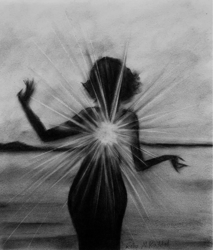 Silhouette of a woman with her arms raised and a bright light or burst behind her, creating a dramatic effect.