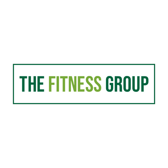 Logo for The Fitness Group with green and dark green text inside a rectangular border.
