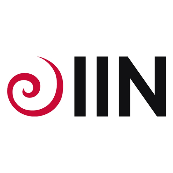 Logo with a red spiral design and the word 'IN' in black.