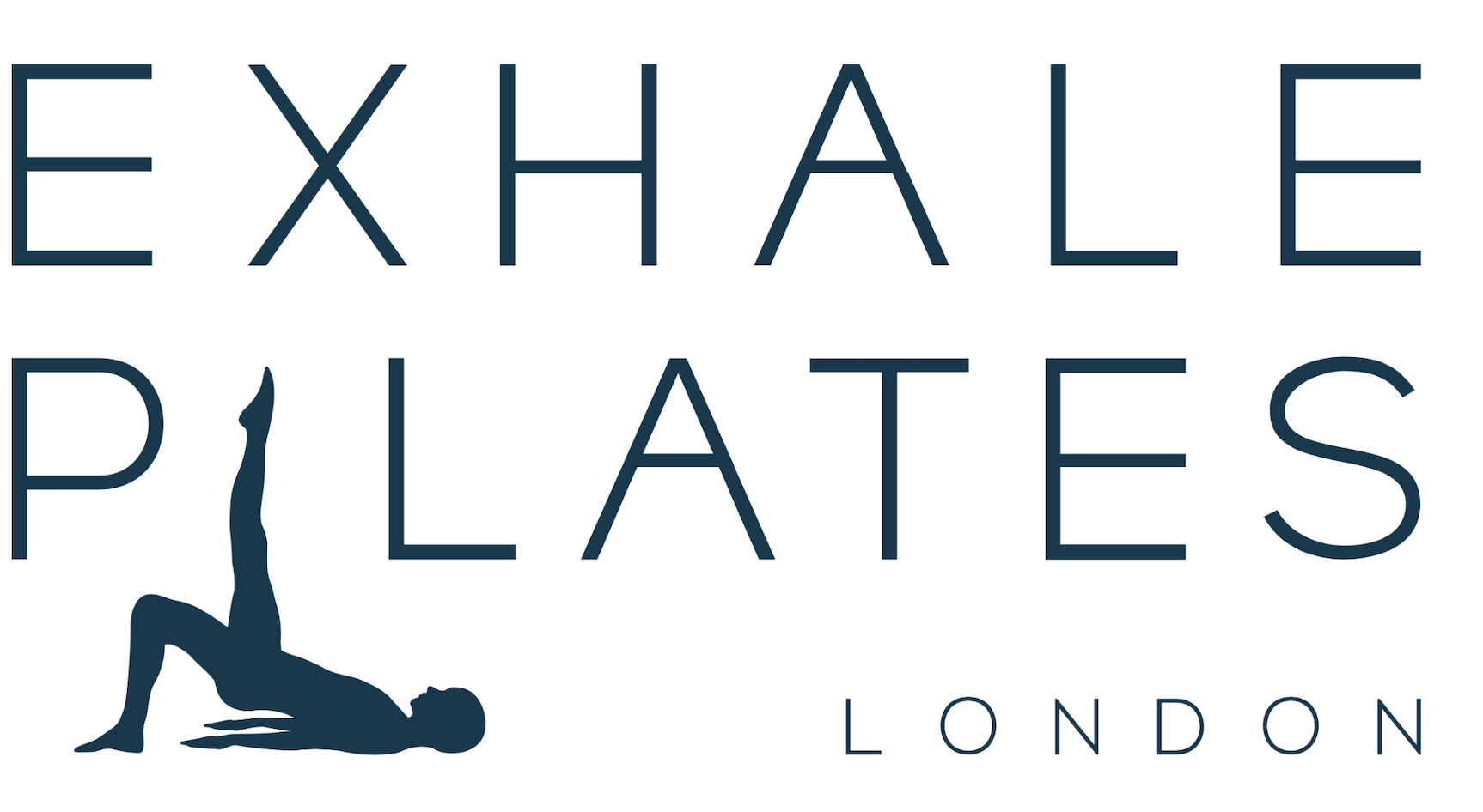 Logo for Exhale Pilates London featuring a silhouette of a person in a Pilates pose and the text 'Exhale Pilates London'.