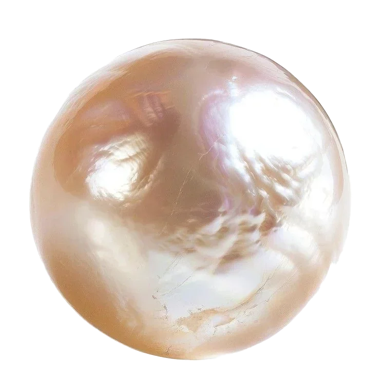 Close-up of a shiny, peach-colored pearl with natural overtones and reflections.