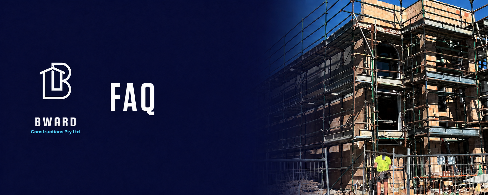 Construction site with a brick building under construction surrounded by scaffolding, and a worker in a yellow vest.