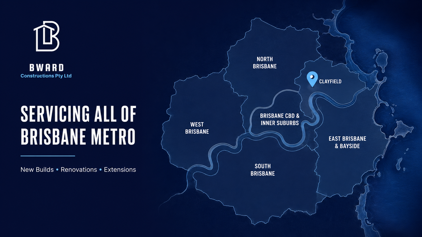 Map of Brisbane metro area with labels for various suburbs including North Brisbane, West Brisbane, South Brisbane, East Brisbane & Bayside, and Brisbane CBD & Inner Suburbs. The map has a blue background with white lines and text and shows the Brisbane River winding through the area.