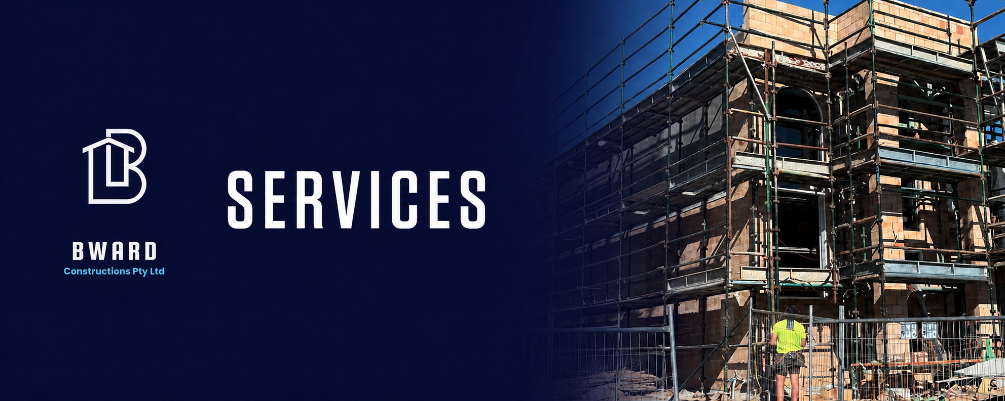 Construction site with building under construction, scaffolding, and workers, next to a graphic with
