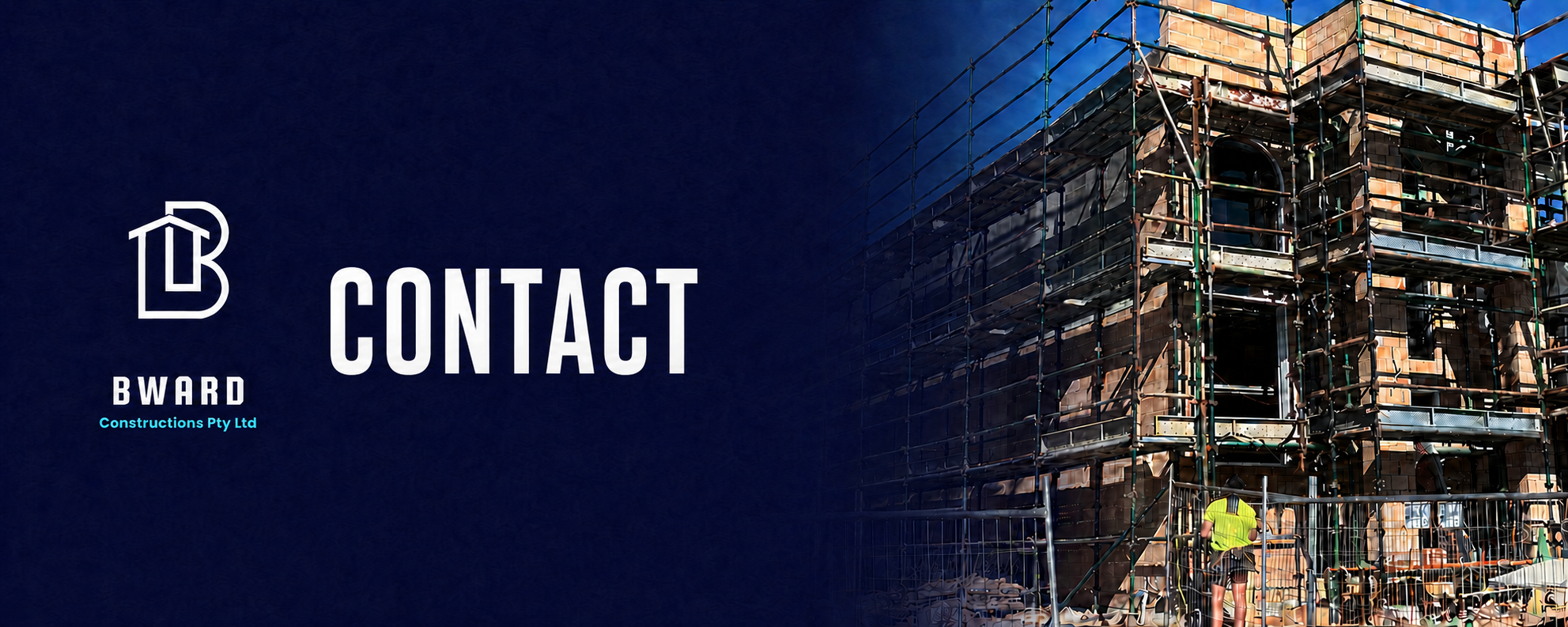 Construction site with scaffolding and partially built brick building under a blue sky, alongside a logo and the word 'CONTACT'.