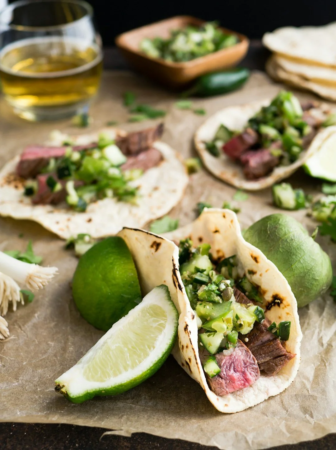 Steak Soft Tacos with Cucumber Salsa & Lime